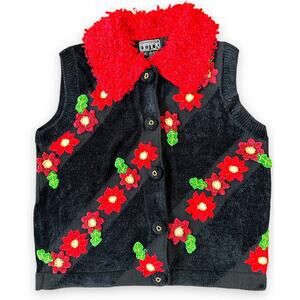 Vintage Berek Christmas Holiday Sweater Vest Poinsettias Red Black Ugly Grandma